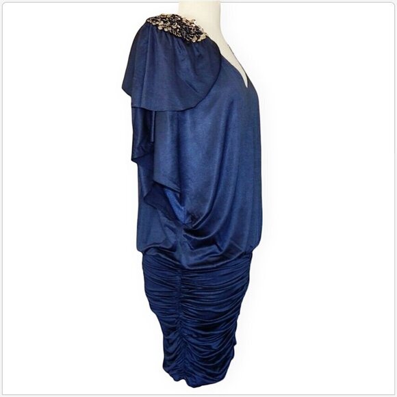 Bebe Addiction Dark Blue Slinky Stretch Ruched Skirt Silver Jeweled Dress XS - Picture 3 of 5